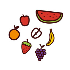 fresh fruits apple orange watermelon strawberry banana grape illustration hand drawing outline style