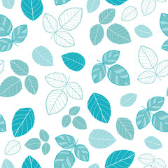 Blue leaves vector repeat pattern. Great for spring and summer wallpaper, backgrounds, invitations, packaging design projects. Surface pattern design.