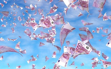 Flying euro banknotes against the sky background. Money is flying in the air. 500 EURO in color. 3D illustration