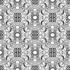 Baroque vector seamless pattern. Greek key meanders modern background. Black and white design. Geometric ornament with vintage baroque Victorian style flowers, scroll leaves, borders, circles, frames.