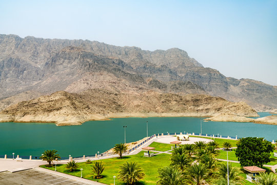 Wadi Dayqah Dam in Qurayyat, Oman. It is located about 70 km southeast of the Omani capital Muscat.