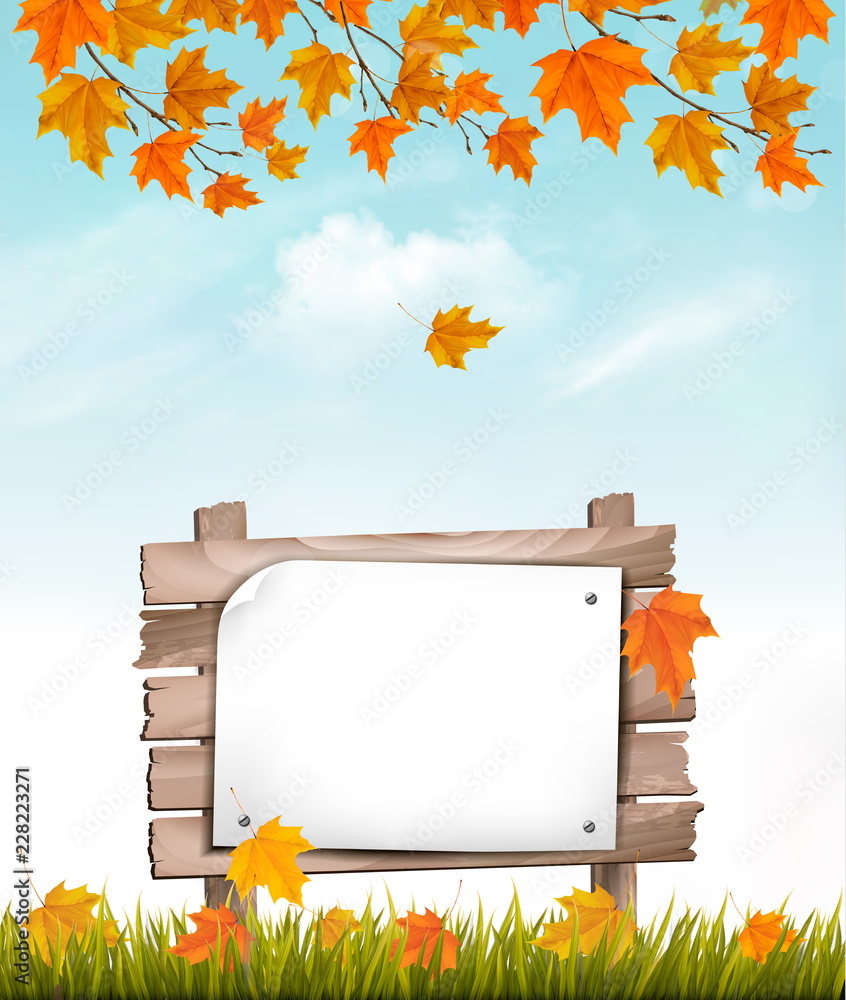 Poster nature autumn background with a colorful leaves and a wooden sign. vector.