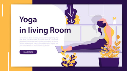 Woman practicing yoga in living room. Modern flat design concept of web page design for website and mobile website development. Vector illustration