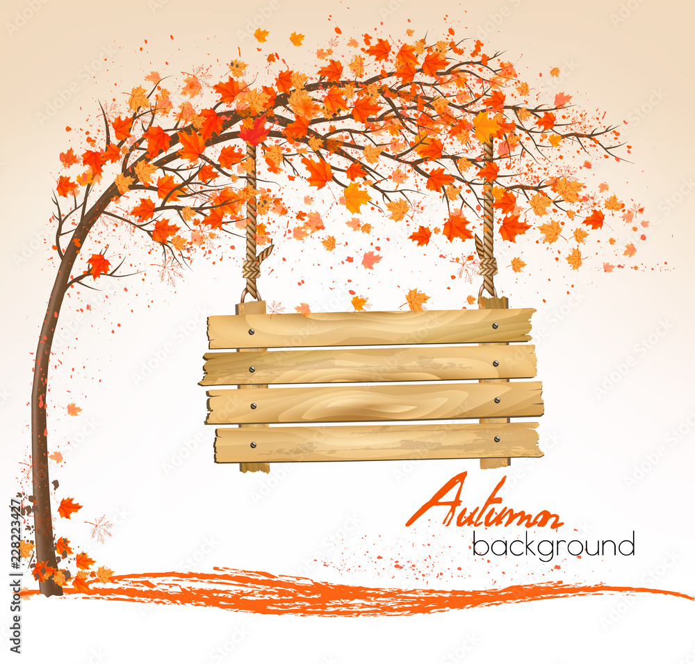 Aufkleber autumn nature background with a tree and a wooden sign. vector.
