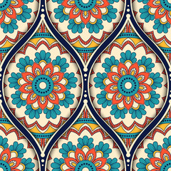 Seamless pattern with ethnic mandala ornament. Hand drawn illustration