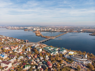 Aerial view of Voronezh downtown, view to Chernavsky bridge and big river, modern city in sunny day