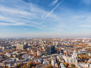 Aerial view city panorama of Voronezh, many buildings in downtown from above