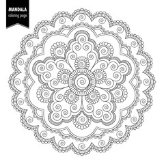 Monochrome ethnic mandala design. Anti-stress coloring page for adults. Hand drawn illustration