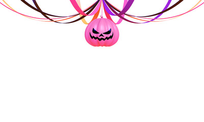 Smiling pink balloons pumpkin with ribbon, isolated on white background. Design creative concept for happy Halloween festival, 3D rendering illustration.