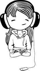 Black line art isolated on white background. Cute teen girl listens to music in big headphones and meditates