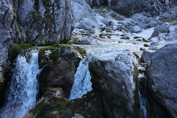 Naklejka na ściany i meble Pure mountain water flowing between rocks