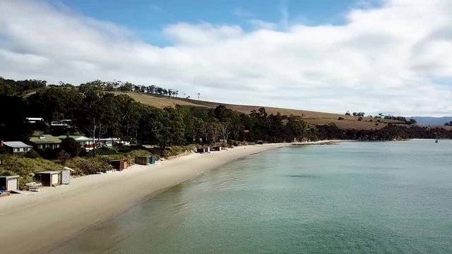 Drone shot of Boat sheds off a beach located on Bruney Island, Tasmania.