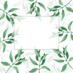 Green template with leaves. Watercolor hand drawn illustration.