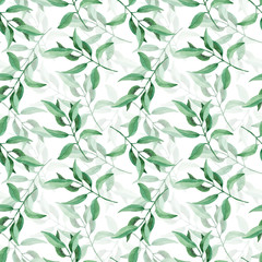 Seamless pattern with green leaves on white background. Hand drawn watercolor illustration.