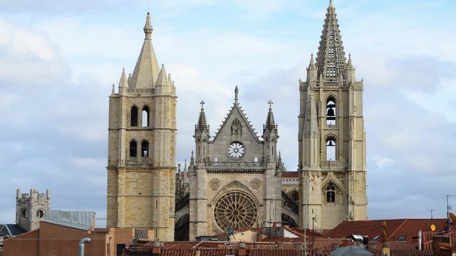 Time lapse view of the facade of XII century gothic cathedral of Leon, Spain.
