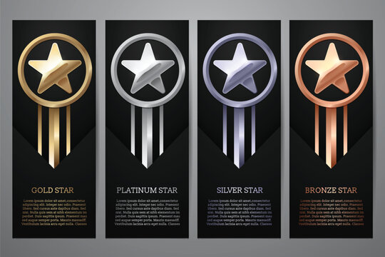 Set of black banners, Gold, platinum,silver and bronze star, Vector illustration.l