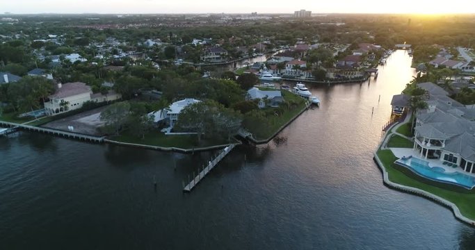 Aerial Footage of Homes along the Intracoastal Waterway in Juno Beach, Florida