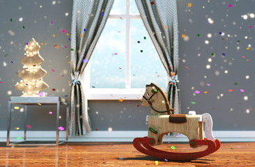 Wooden rocking horse decorated in living room in christmas,3d illustration