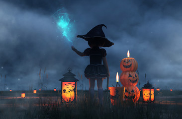 Little witch's spelling magic in halloween night,3d rendering
