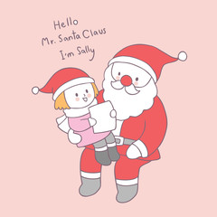 Cartoon cute Christmas Santa Claus and girl vector.