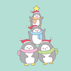 Cartoon cute Christmas tree penguin vector.