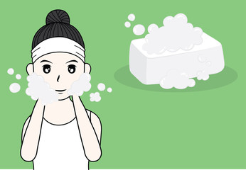 vector woman face. skin care cleansing soap illustration.