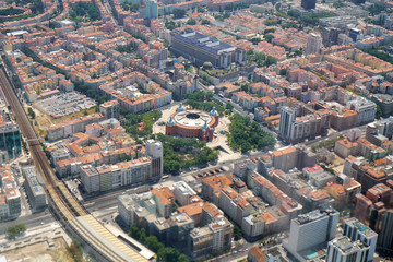 The air view of central Lisbon with round building of Centro comercial do Campo Pequeno. Portugal