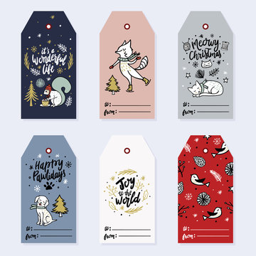Collection holiday greeting cards in vector. Holiday gift tags. Christmas gift tags with animals