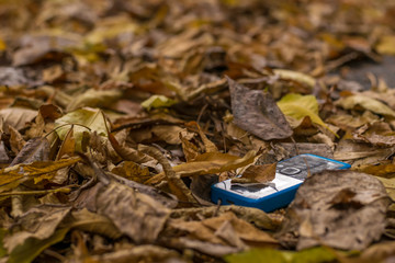 old cell phone with buttons lying on the autumn foliage on the street