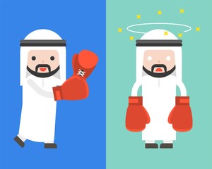 Arab Businessman with boxing gloves, starting fight and dizzy, ready to use character