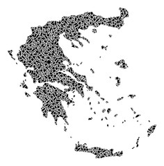 Mosaic map of Greece created with black flat geometric figures, such as triangles, stars, rectangles, circles, ellipses, segments, sectors, rhombuses, squares, polygons, semi-circles.