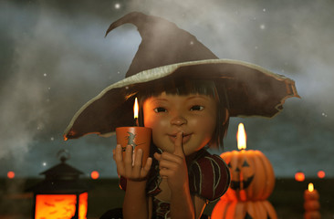 Little's witch,Little girl in a witch costume for halloween making silence gesture,3d illustration