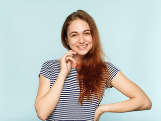 emotion face. smiling woman pleased with herself. self-satisfied happy young beautiful brown haired...