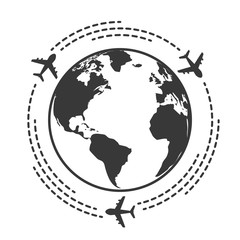 Travel icons with airplane fly around the earth