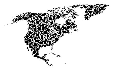 Mosaic map of North America and Greenland designed with black flat geometric objects, such as triangles, stars, rectangles, circles, ellipses, segments, sectors, rhombuses, squares, polygons,