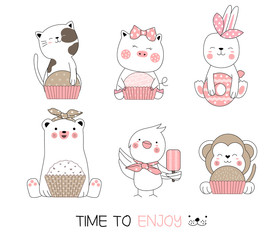 Cute baby animal cartoon hand drawn style