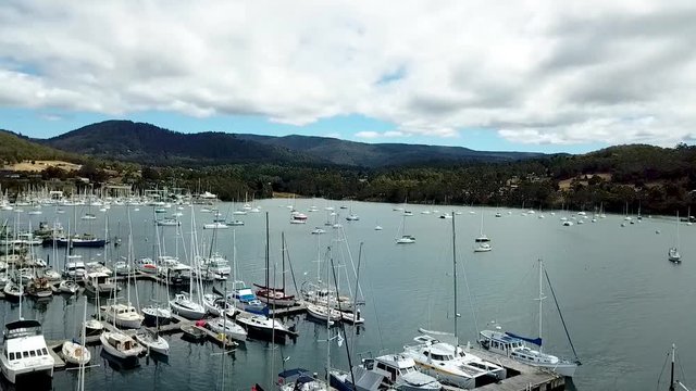 A drone shot of Yachts by the kettering docks in Tasmania