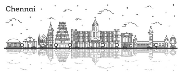 Outline Chennai India City Skyline with Historic Buildings and Reflections Isolated on White.