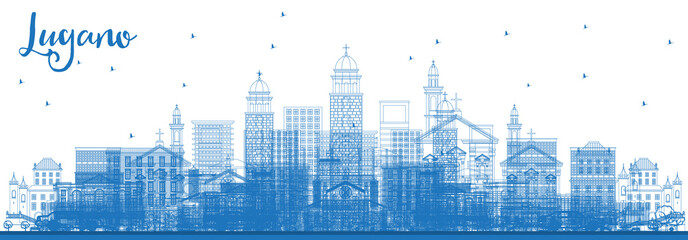 Outline Lugano Switzerland Skyline with Blue Buildings.