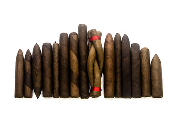 Collection of traditional handmade cigars of tobacco leafs