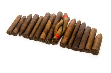 Collection of traditional handmade cigars of tobacco leafs