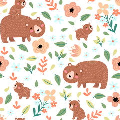 Seamless background with bears and flowers