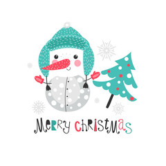 Christmas background with cartoon snowman