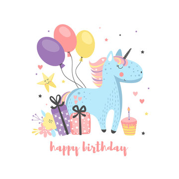 Fototapeta Birthday card with funny unicorn