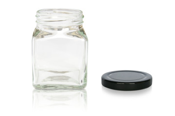 Square Glass Bottle with Black Lid Isolated on White Background