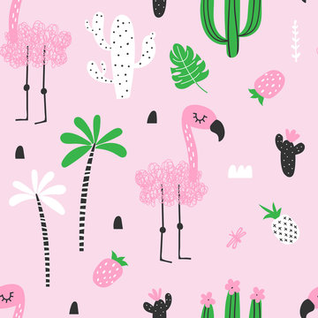 Seamless pattern with doodle flamingo