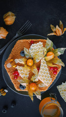 Home made honey cake, Top view on dark background