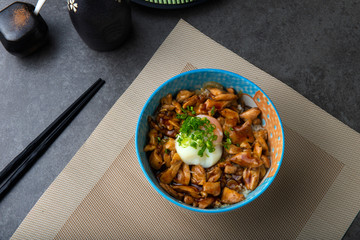 Rice with teriyaki chicken grill or teriyaki don in Japanese style set and ready to eat i