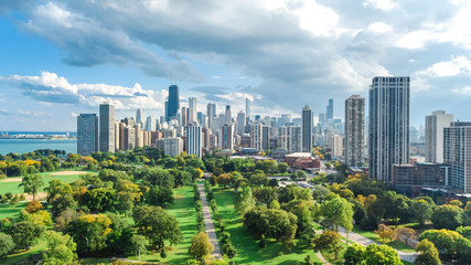 Chicago skyline aerial drone view from above, lake Michigan and city of Chicago downtown skyscrapers cityscape from Lincoln park, Illinois, USA 