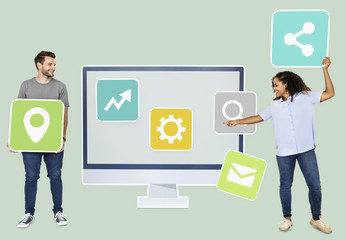 People with digital technology icons